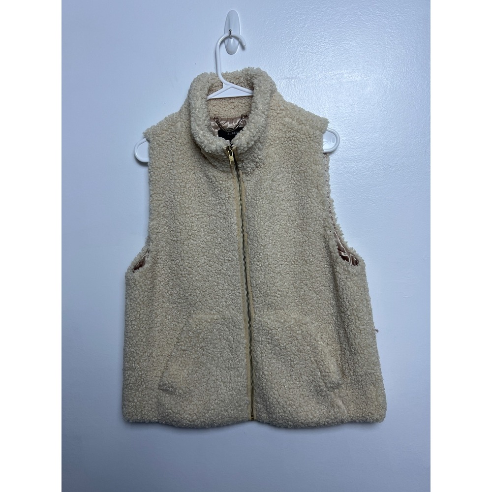 J.Crew Womens Sherpa Fleece Vest Cream Ivory Faux Fur Full Zip Mock Neck M Ski
